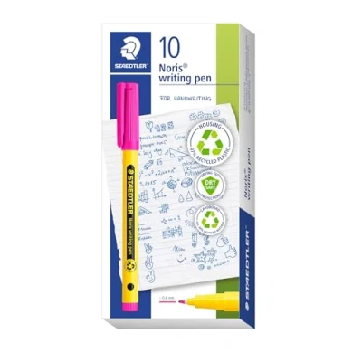 Image of Staedtler Noris writing pen 307 fineliner, housing made of 97% recycled plastic according to ISO 14021, fineliner plastic, magenta, folding box, 10 fineliners, 20