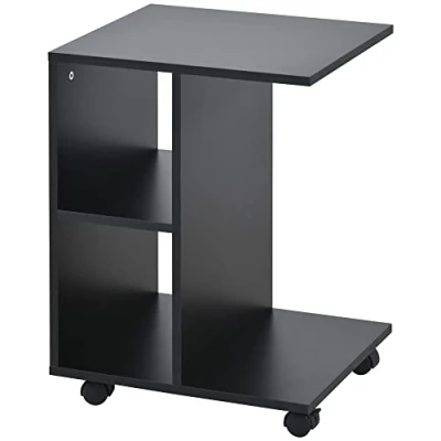 Image of HOMCOM C Shape End Table Unique Storage Unit w/ 2 Shelves 4 Wheels Freestanding Home Office Furniture Cabinet Square Studio Black