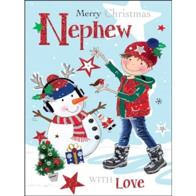 Image of Nephew Christmas Card Boy and Snowman Contemporary Festive Design Special Finishes Illustrated Insert Leaf Made in the UK