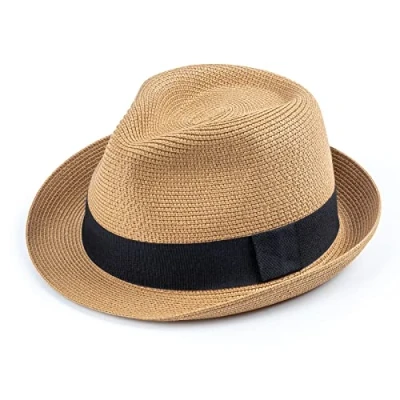 Image of DRESHOW Women Straw Panama Hat Fedora Beach Sun Short Brim Roll up UPF 50+