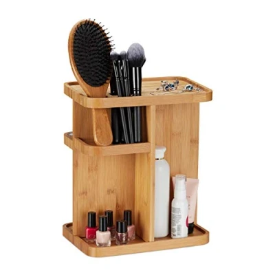 Image of Relaxdays Bamboo Makeup Organiser, 360 Cosmetic Organiser for Bathroom &amp; Vanity Table, HWD 31x25.5x18 cm, Natural