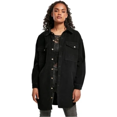 Image of Urban Classics Ladies LONG Corduroy Overshirt Buttondown blouse, Women&#039;s, Size: Medium, Black