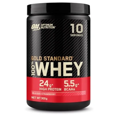Image of Optimum Nutrition Gold Standard 100% Whey Muscle Building and Recovery Protein Powder with Naturally Occurring Glutamine BCAA Amino Acids, Delicious Strawberry Flavour, 10 Servings, 300g