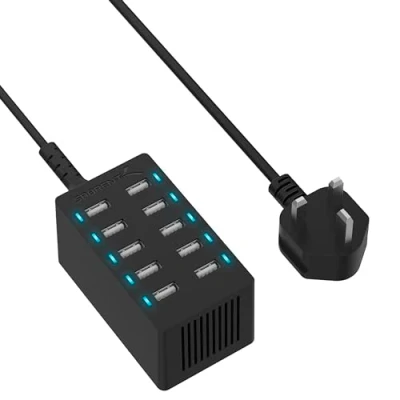 Image of SABRENT smart USB Charger 60 Watt 10 ports, fast with power supply, Multi charging station, Wall compatible Apple products and smartphones, portable speakers etc. (AX TPCS)
