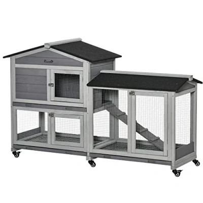 Image of PawHut Rabbit Hutch Outdoor with Run Guinea Pig 2 Tier Bunny Cage w/Wheels No Leak Plastic Tray 157.4 x 53 99.5 cm Grey