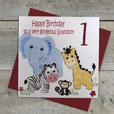 Image of WHITE COTTON CARDS Happy gorgeous Grandson 1, Safari Animals Handmade 1st Birthday Card, GL221 GS