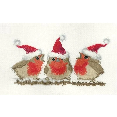 Image of Heritage Crafts Cross Stitch Kit Festive Robins Aida