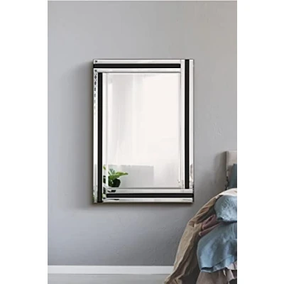 Image of Modern Black And Silver Triple Bevelled Wall Mirror 3Ft3 X 2Ft3 (70cmx100cm)
