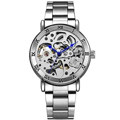 Image of Alienwork Automatic Watch Men Women Silver Stainless Steel Metal Strap Skeleton Glass Bottom