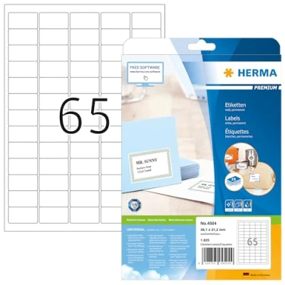 Image of HERMA Self Adhesive Multipurpose Labels, 65 Labels per A4 Sheet, 25 Sheets, 38.1 x 21.2 mm, 1625 Blank Universal Stickers, Sticky for Laser &amp; Inkjet Printer, White