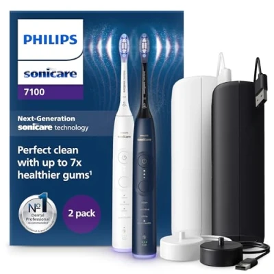 Image of Philips Sonicare 7100 Electric Toothbrush, Sonic Toothbrush with App, 4 Brushing Modes and 3 Intensity Levels, Pressure Alert, EasyStart, SmarTimer BrushPacer, White Navy, 2 Pack, HX7429/01
