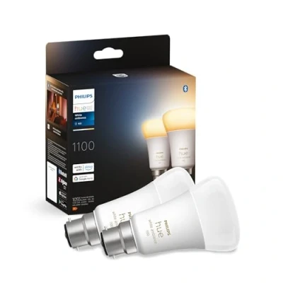 Image of Philips Hue White Ambiance Smart Bulb Twin Pack LED [B22 Bayonet Cap] 1100 Lumens (75W Equivalent). Works with Alexa, Google Assistant and Apple Homekit