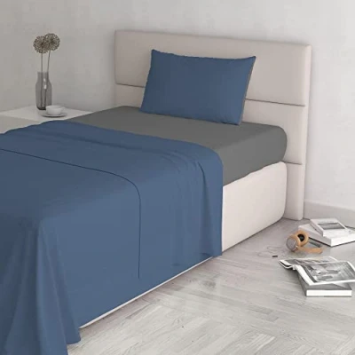 Image of Italian Bed Linen Natural Color Set (Flat 180x300, Fitted Sheet 120x200cm+Pillowcase 52x82cm), Petrol Bottle Green, 100% Cotton, avio/Smoke, SMALL DOUBLE