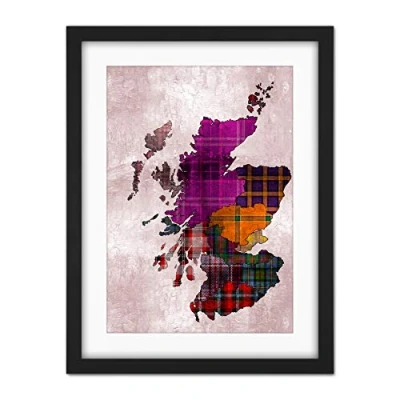 Image of Wee Blue Coo Scotland Map Tartan Regions Artwork Framed Wall Art Print 18X24 Inch