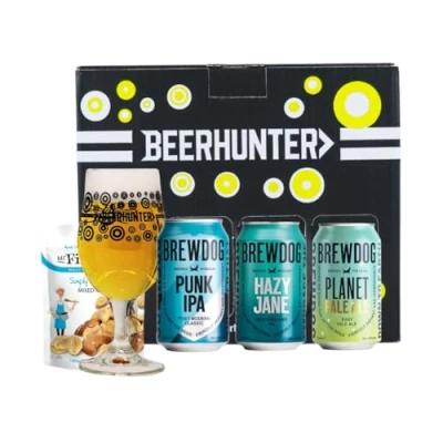 Image of Brewdog Craft Beer Gift Set with Glass &amp; Snack (3 x 330ml Cans) Punk IPA, Dead Pony, Elvis Juice Premium Selection, Gifts For Him, Her, Christmas, Birthday&#039;s, Father&#039;s Day