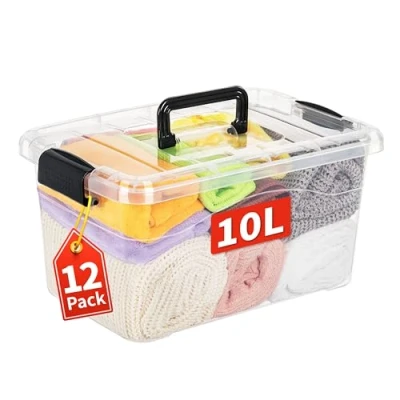 Image of Cetomo Storage Boxes, Box with Lids and Handle for Home Dorm Office Organization, Stackable Nesting Tote Container, Plastic, Clear, 10L 12 Pack