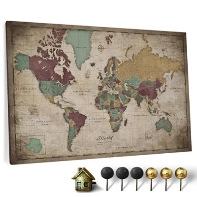 Image of Canvas World Map with Cork Pin Board English Lettering Decorative Wall Decoration for All Rooms Pictures Motif (70x50 cm, Pattern 12)
