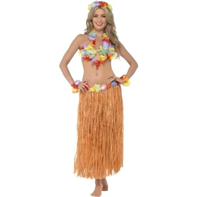 Image of Smiffys Hula Honey Instant Kit, with Skirt, Headpiece, Wrist Cuffs, Lei and Bra, Hawaiian Luau Fancy Dress, Dress Up Accessories