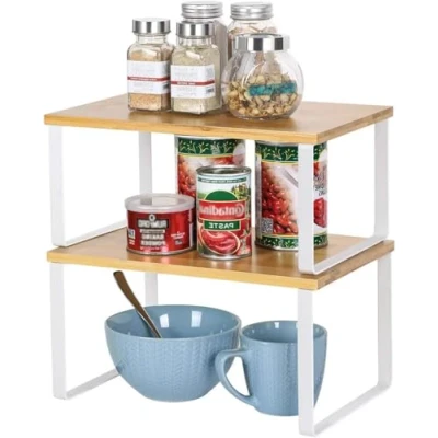 Image of Duffy Set of 2 Bamboo Kitchen Storage &amp; Organization Corner Shelf Stackable Expandable Metal and Engineered Wood Organiser Spice Rack for Inside Cupboards, Space Saver
