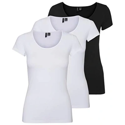 Image of VERO MODA Vmmaxi My SS Noos Women’s Soft Scoop Neck T Shirt, White/Black (2 x Bright White / 1 Black)., M
