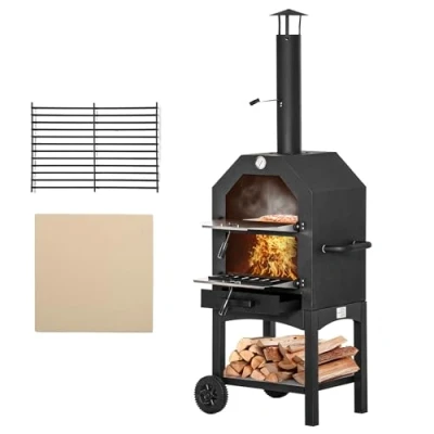 Image of Outsunny Outdoor Garden Pizza Oven Charcoal BBQ Grill 3 Tier Freestanding w/Chimney, Mesh Shelf, Thermometer Handles, Wheels Party Gathering Stainless Steel Cooker