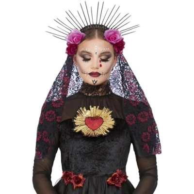 Image of Smiffys Deluxe Sunburst Day of The Dead Headband with Roses &amp; Veil, Halloween Fancy Dress Accessory, Lady Up Accessories