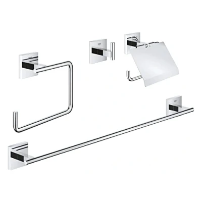 Image of GROHE Start Cube 4 in1 Bathroom Accessories Set Robe Hook, Towel Ring, Toilet Roll Holder, Rail (Metal, with Screws and Dowels), Easy to Fit QuickGlue, Stainless Steel, 41115DC0