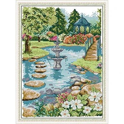 Image of OWN4B Cross Stitch Kits Pre Printed, Waterfront Garden Stamped Pattern 11CT 16.5x21.7 inch DIY Embroidery Kit (Garden)