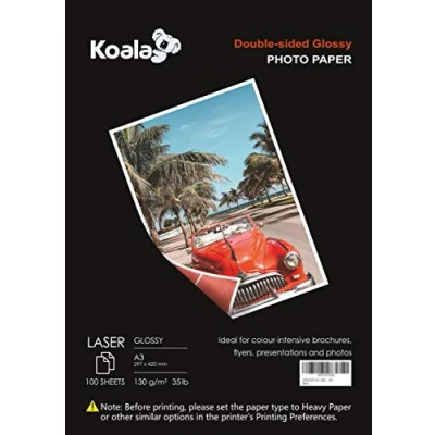 Image of KOALA Double Sided Glossy Laser Photo Paper A3, 130gsm, 100 Sheets. Suitable for Printer, Printing Photos, Brochures, Covers, Certificates, Booklets, Flyers, Leaflets, Cards, Calendars