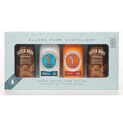 Image of Ellers Farm Distillery Minis Gift Pack 4 x 5cl Miniature Aluminium Bottles 40% ABV 2 Dutch Barn Vodka Y Gin Original Orange Award Winning Premium Spirits Handmade in Yorkshire