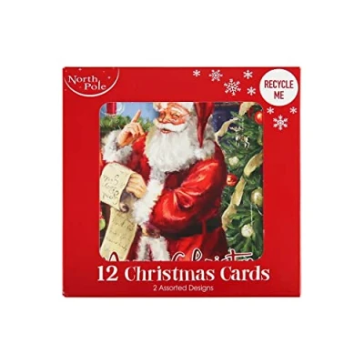 Image of Eurowrap Pack of 12 Assorted Christmas Cards Xmas Traditional Santa, 2 Designs Merry and Wishes