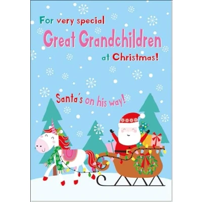 Image of doodlecards Great Grandchildren Christmas Card Magic Santas Sleigh with Unicorn Medium Size for Plain Envelope