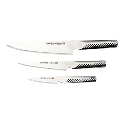 Image of Global GU 3002 UKON 3 Piece Professional Kitchen Set, CROMOVA 18 Stainless Steel Contains Chef’s, Utility, Paring Peeling Knife, High Carbon, Silver