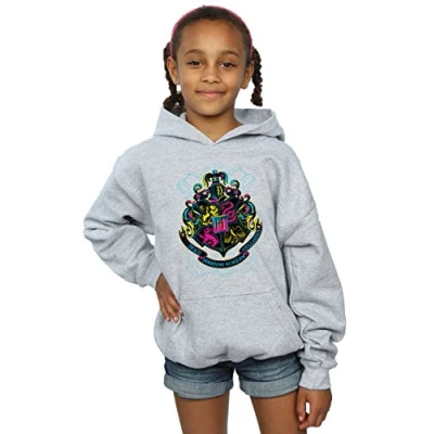 Image of Harry Potter Girls Neon Hogwarts Crest Hoodie Sport Grey 12 13 Years