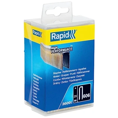 Image of Rapid High Performance Staples for Dense Materials, Narrow Crown No. 606, Leg Length 25mm, Staple Gun Staples, Resin Coated Galvanised Steel, 3600 Pieces, Plastic Box (40303095)