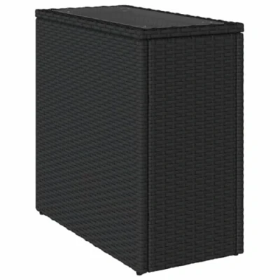 Image of vidaXL Outdoor Dining Poly Rattan Side Table Black Rectangular Garden with Tempered Glass Top, Weather Resistant and Easy to Clean, 58x27.5x55cm