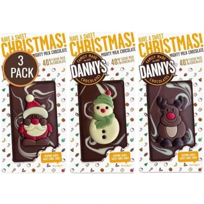 Image of Danny&#039;s Christmas Chocolate Gift Box 3 Large 100g Bars 1 x Santa, Snowmen, Reindeer Secret Santa Gifts Stocking Eve Fillers