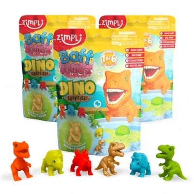 Image of Zimpli Kids 3 x Large 100g Dino Surprise Bath Bombs, 6 Dinosaur Toys to Collect in Total, One Per Bomb, Bubble Toy Fizzies for Xmas, Stocking Fillers, Birthday Gift