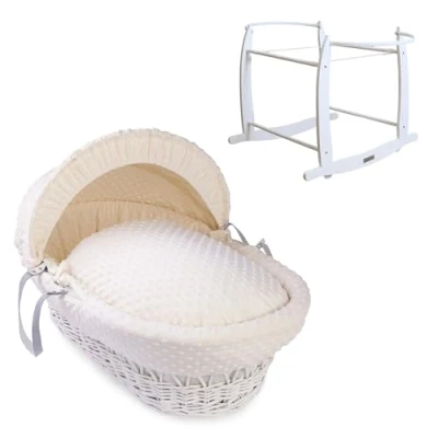 Image of Clair de Lune Dimple White Wicker Moses Basket &amp; Grey Deluxe Rocking Stand (Cream)