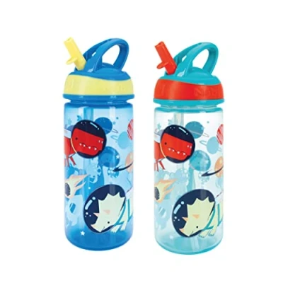 Image of Nuby Super Flip Water Bottle No Spill Active Toddler Sippy Cup540ml/19oz Carry HandleFreeflowDishwasher, Steriliser SafeSuitable Beaker for 18 Months Plus (Dinosaurs, Pack of 2), 048526890514
