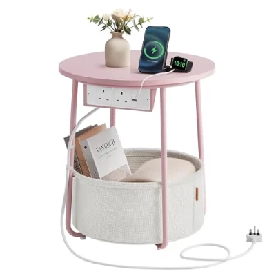 Image of VASAGLE Side Table with Charging Station, Round End Power Outlets, USB Ports, Fabric Basket, Living Room, Bedroom, Bedside Table, Modern, Jelly Pink and Cream White LET228R03