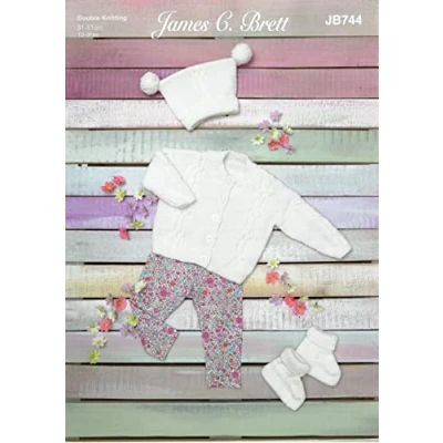 Image of James C Brett Double Knit DK Knitting Pattern Baby Cardigan Hat &amp; Bootees (JB744), Multicolor, 12&#039; 20&#039;