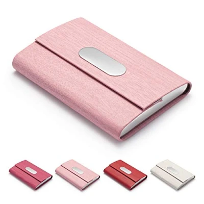 Image of FACATH Business Card Holder, PU Leather Slim Case Carrier ID Case/Wallet Pocket Name Holder for Women and Men Pink