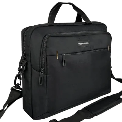 Image of Amazon Basics Compact Laptop Shoulder Bag Carrying Case with Padded Strap and Zippered Accessory Pocket, 1 Pack, 39.6 cm, Black