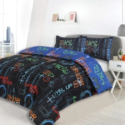 Image of Charlotte Andersen Gaming Double Duvet Cover Set, Polly Cotton Kids Boys Gamers Bedding Reversible in Black &amp; Blue (Black, Double)