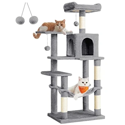 Image of Feandrea Cat Tree, 143 cm Tower for Indoor Cats, Multi Level Plush Condo with 4 Scratching Posts, 2 Perches, Cave, Hammock, Pompoms, Light Grey PCT161W01
