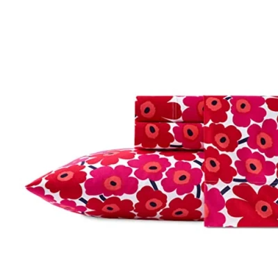 Image of Marimekko Cotton Percale Bedding Set, Crisp &amp; Cool, Lightweight Breathable, Unikko Dark Red/White, King