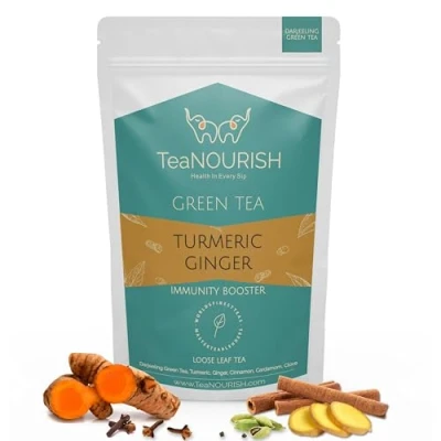 Image of TeaNOURISH Turmeric Ginger Green Tea Darjeeling Loose Leaf Blended with Indian Turmeric, &amp; Cinnamon Brew Hot or Iced 3.53oz/100g