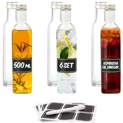 Image of Praknu Set of 6 Glass Bottles 500 ml Screw Cap Square Empty for Filling Labels with Pen Oil, Vinegar, Juice &amp; Lemonade