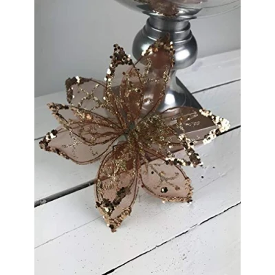 Image of Davies Products Ltd 20cm Sheer Mesh &amp; Glitter Clip On Poinsettia Flower in Rose Gold